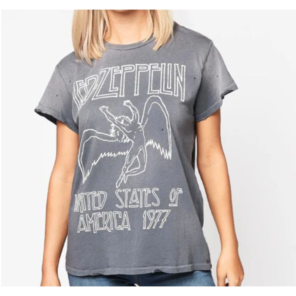 Led Zepplin Vintage Graphic USA 1977 Gray Short Sleeve Crew Neck T-Shirt Size XS